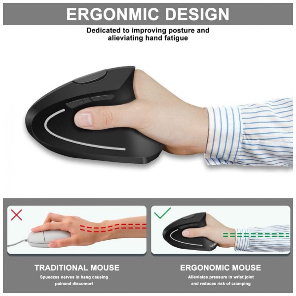 Encontraproduto.com.br - Mouse Ergonômico Vertical Óptico sem Fio Reduz a Tensão do Pulso Multifunções, 800, 1600 DPI, VASSINK, Preto