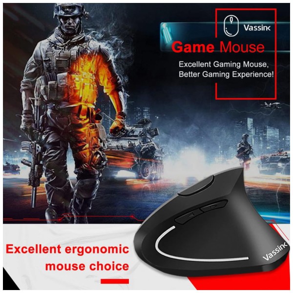 Encontraproduto.com.br - Mouse Ergonômico Vertical Óptico sem Fio Reduz a Tensão do Pulso Multifunções, 800, 1600 DPI, VASSINK, Preto