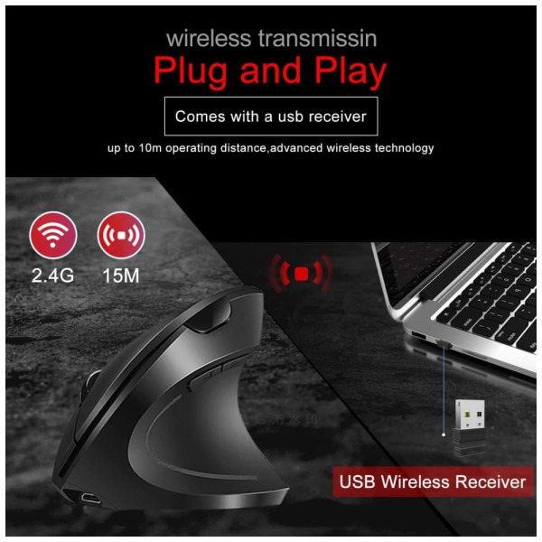 Encontraproduto.com.br - Mouse Ergonômico Vertical Óptico sem Fio Reduz a Tensão do Pulso Multifunções, 800, 1600 DPI, VASSINK, Preto