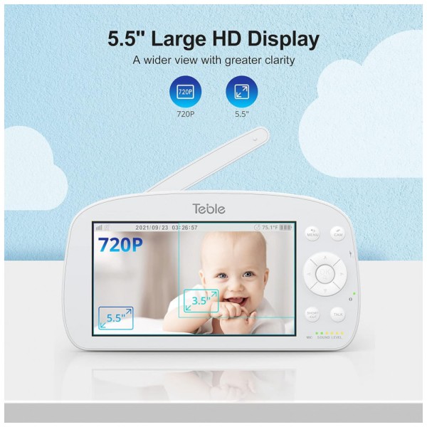 Encontraproduto.com.br - Babá Eletrônica Table Monitor com Câmera de 12cm Zoom Remoto, Bateria 5000 mAh, Alcance de 304M, TEBLE TB IH001, Branco