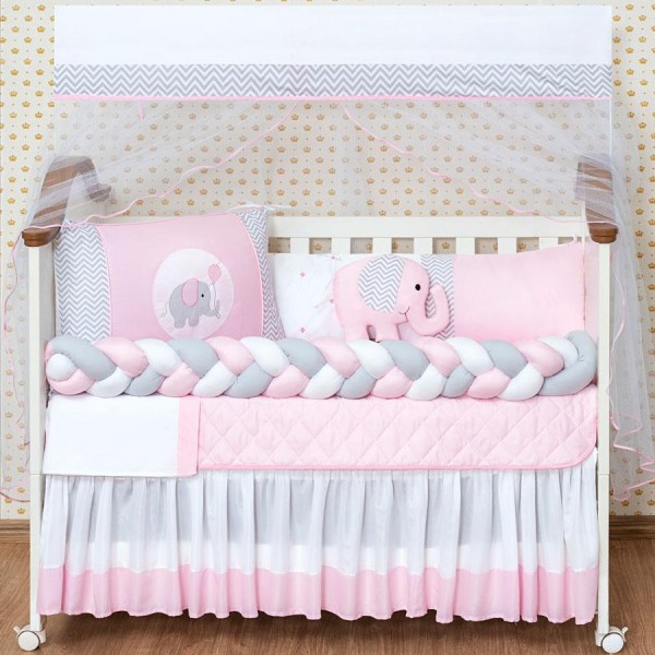 Encontraproduto.com.br - Kit Berço 13 Peças Elefante Rosa Claro Menina Com Saia