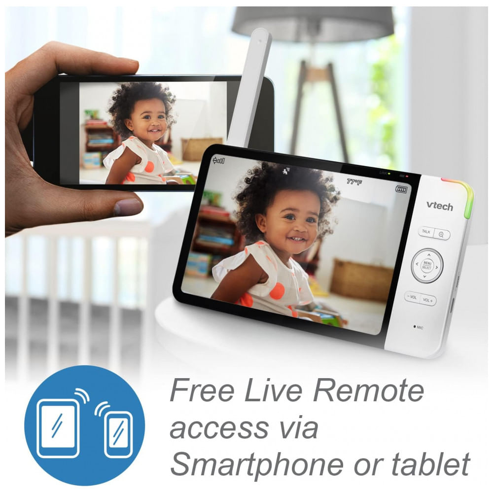 Babá Eletrônica Câmera 1080P e Monitor 360 720P com Visão Noturna para IOS e Android, VTECH RM7764 2HD, Branco