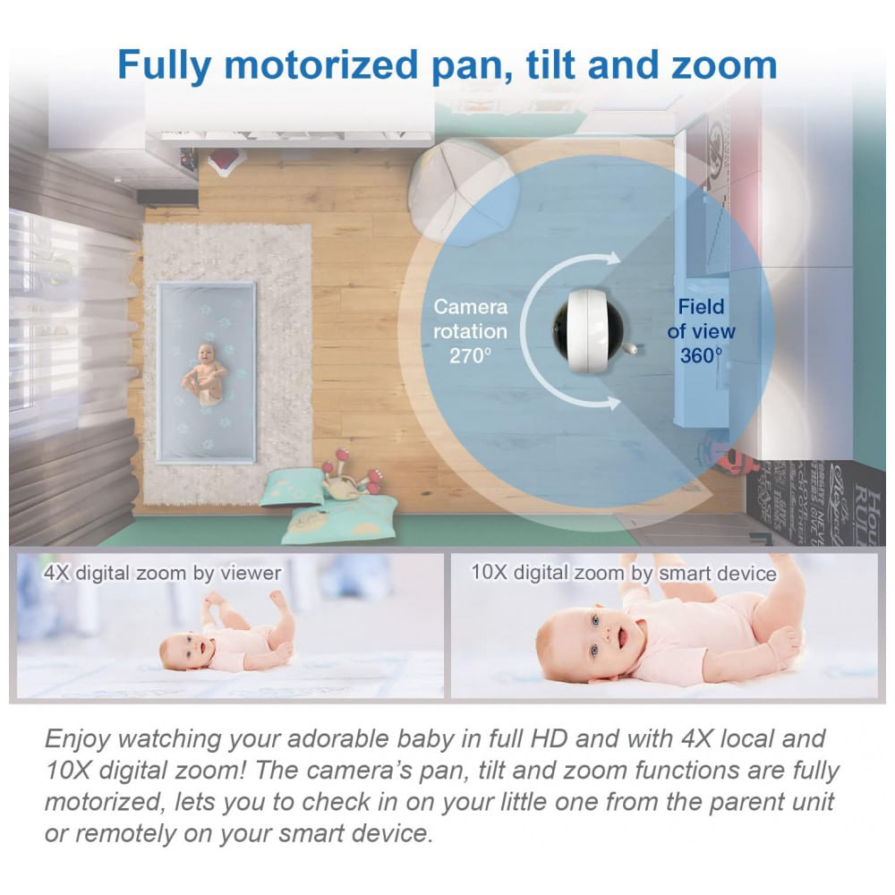 Encontraproduto.com.br - Babá Eletrônica Câmera 1080P e Monitor 360 720P com Visão Noturna para IOS e Android, VTECH RM7764 2HD, Branco