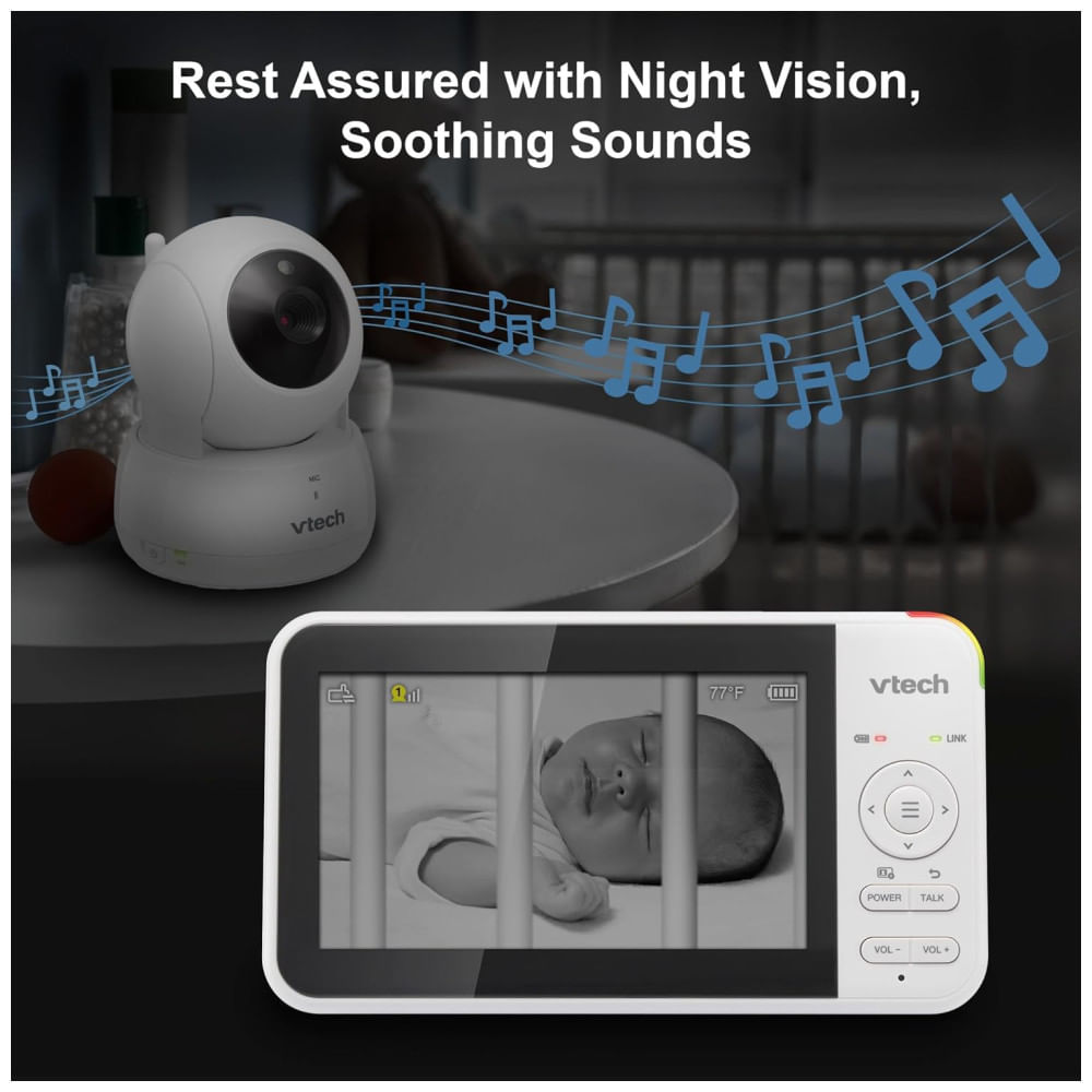 Encontraproduto.com.br - Babá Eletrônica com Câmera e Áudio, Bateria de até 31H, Alcance de 304M, Visão Noturna, Sensor de Temperatura, VTech VM924