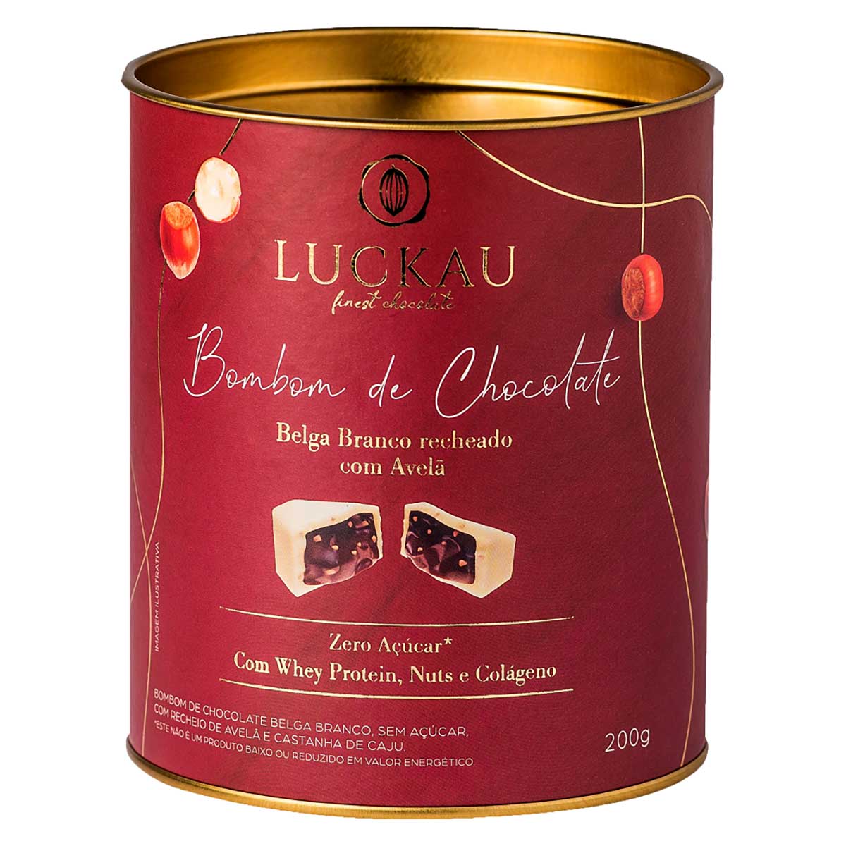 Bombom de Chocolate Belga Branco Com Recheio de Pasta de Avelã Zero Áçucar Luckau 200g