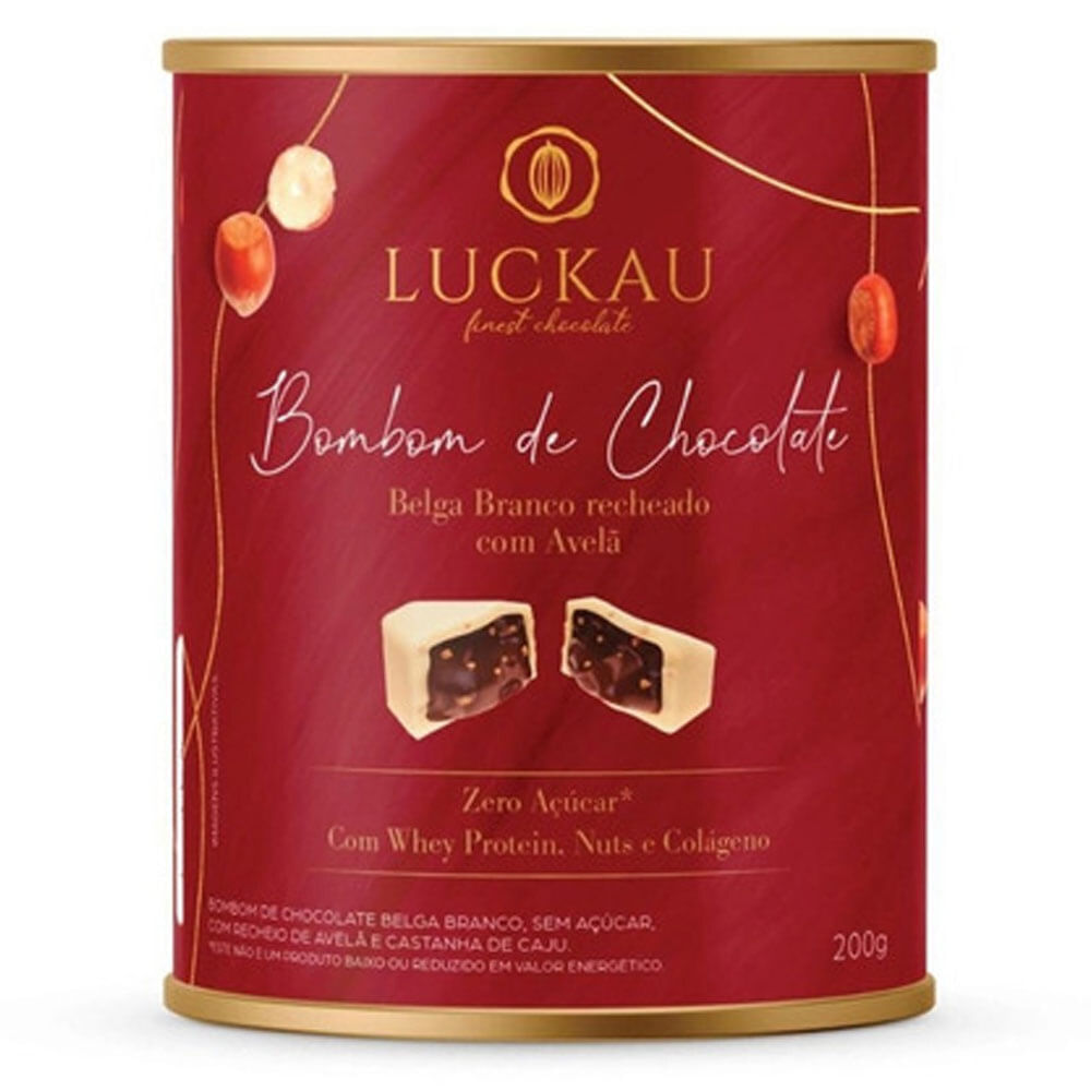 Encontraproduto.com.br - Bombom de Chocolate Belga Branco Com Recheio de Pasta de Avelã Zero Áçucar Luckau 200g