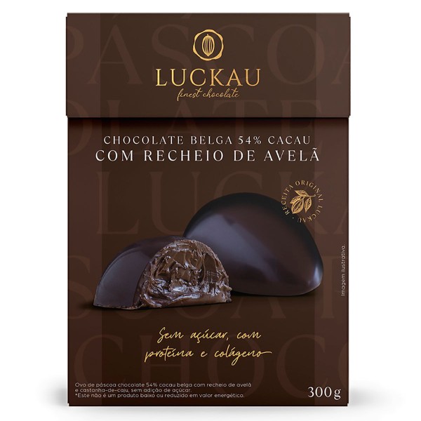 Encontraproduto.com.br - Ovo de Páscoa Recheado Chocolate 54% Cacau com Creme de Avela (Zero Açúcar) 300g - Luckau
