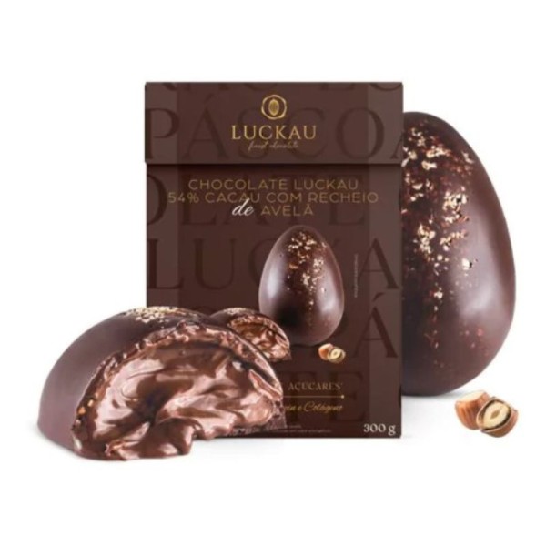 Encontraproduto.com.br - Ovo de Páscoa Recheado Chocolate 54% Cacau com Creme de Avela (Zero Açúcar) 300g - Luckau