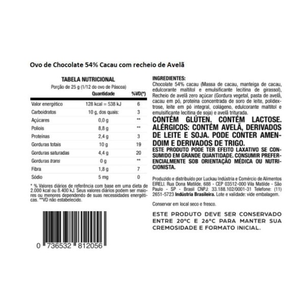 Encontraproduto.com.br - Ovo de Páscoa Recheado Chocolate 54% Cacau com Creme de Avela (Zero Açúcar) 300g - Luckau