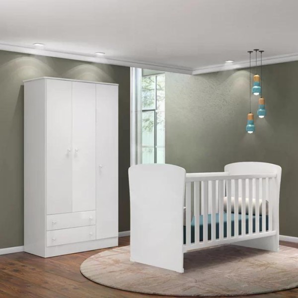 Encontraproduto.com.br - Berço Mini Cama 2484 E Guarda Roupa 2617 Doce Sonho Branco Com Colchao Qmovi