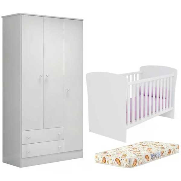 Encontraproduto.com.br - Berço Mini Cama 2484 E Guarda Roupa 2617 Doce Sonho Branco Com Colchao Qmovi
