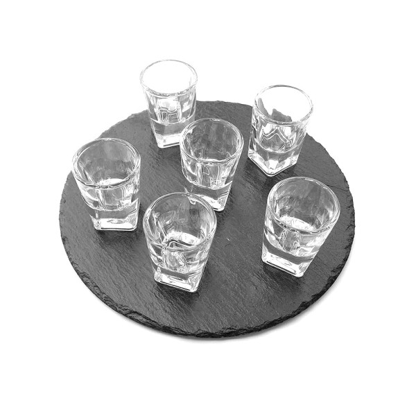 Encontraproduto.com.br - Tabua em ARDOSIA Preta  com 6 copinhos licor -  Redonda - 20cm