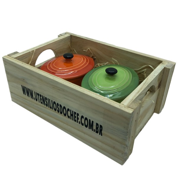 Encontraproduto.com.br - Panelinhas Laranja, Verde de Porcelana Oval com engradado para presente