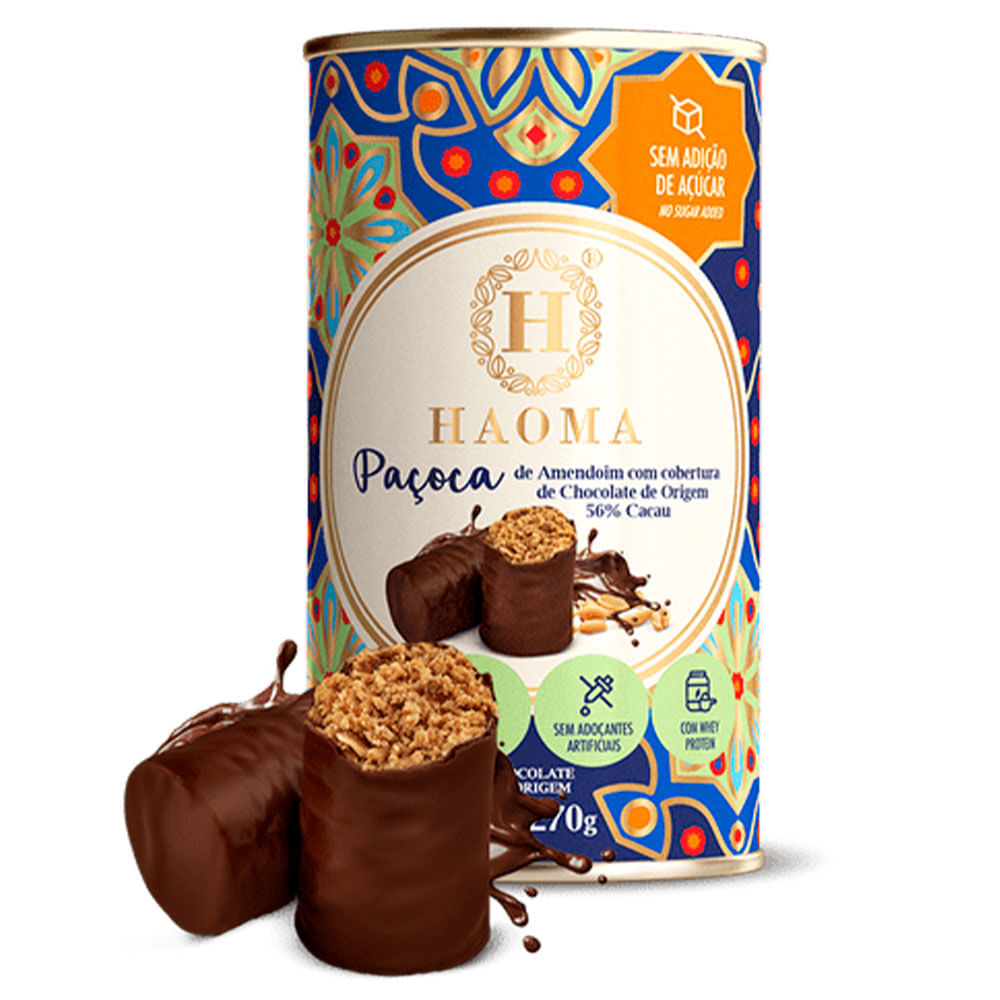 Encontraproduto.com.br - Paçoca de Amendoim com Cobertura de Chocolate 56% Cacau (Sem Açúcar, Lactose e Glúten) 270g - Haoma