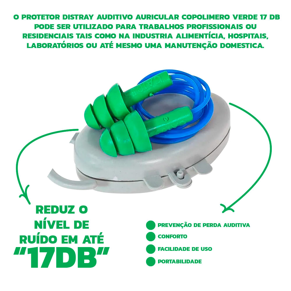 Encontraproduto.com.br - Protetor Distray Auditivo Auricular Copolimero Verde 17 Db