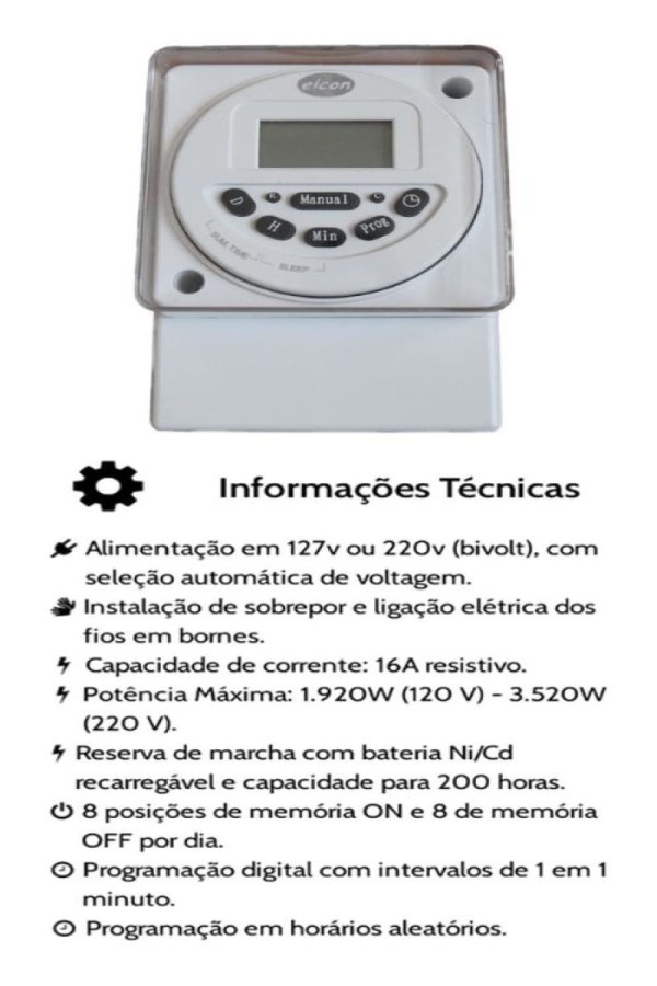 Encontraproduto.com.br - Timer Digital 16a Programável Bivolt Elcon TE-310