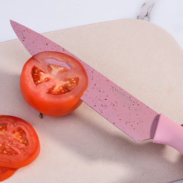 Encontraproduto.com.br - Set de Facas de Cozinha 6 Peças em Aço Inox com Cabos Coloridos, Tesoura e Descascador Inclusos