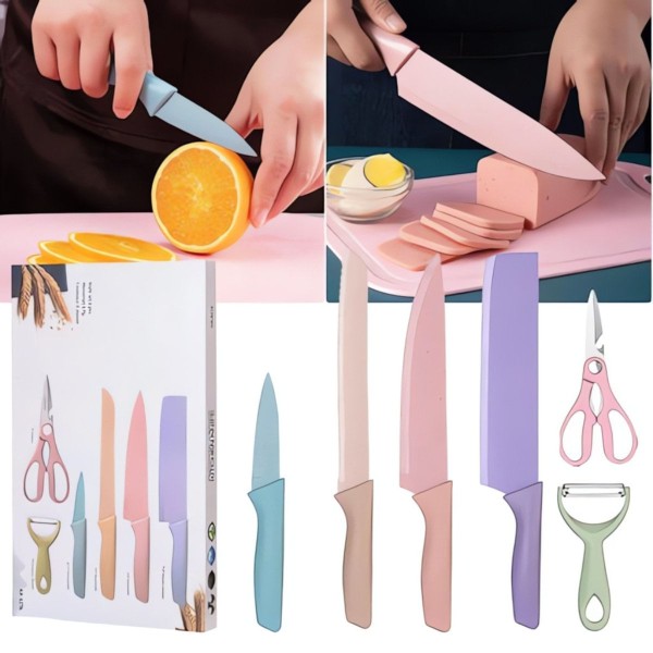 Encontraproduto.com.br - Set de Facas de Cozinha 6 Peças em Aço Inox com Cabos Coloridos, Tesoura e Descascador Inclusos