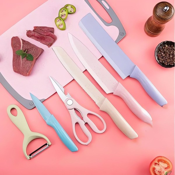 Encontraproduto.com.br - Set de Facas de Cozinha 6 Peças em Aço Inox com Cabos Coloridos, Tesoura e Descascador Inclusos
