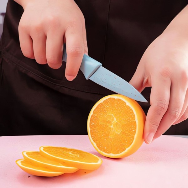 Encontraproduto.com.br - Set de Facas de Cozinha 6 Peças em Aço Inox com Cabos Coloridos, Tesoura e Descascador Inclusos