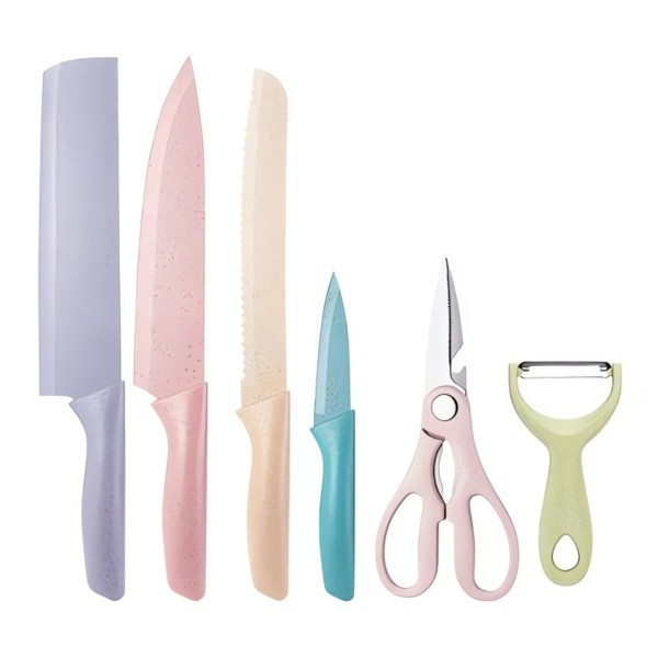 Encontraproduto.com.br - Set de Facas de Cozinha 6 Peças em Aço Inox com Cabos Coloridos, Tesoura e Descascador Inclusos