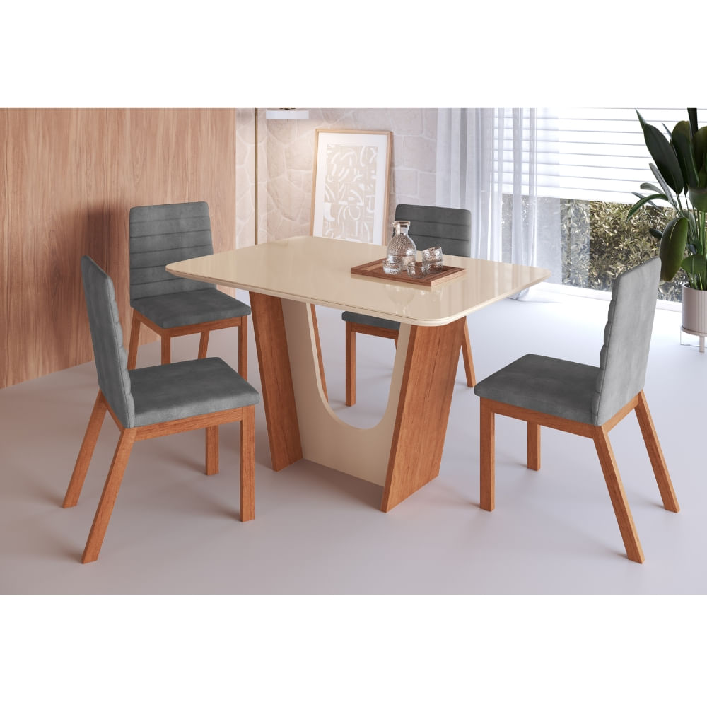 Conjunto Sala de Jantar Mesa com Tampo de Vidro 120cm e 4 Cadeiras 135/25 Zamarchi