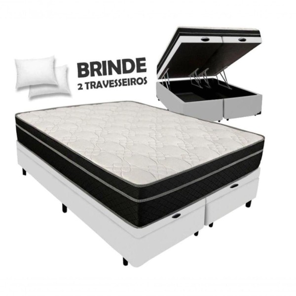 Cama Box Baú Queen 158 Tecido Branco Com Colchão Paris De Molas Preto 26cm Com Dois Travesseiros