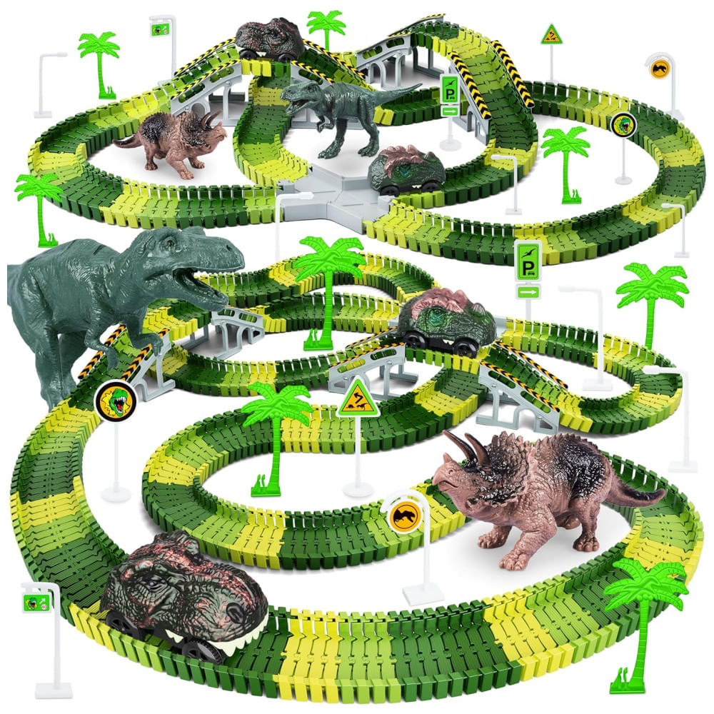 Pista de Corrida Dinossauros Playset Flexível com 252 Peças para Crianças de 3 a 6 Anos, Toyk, Verde