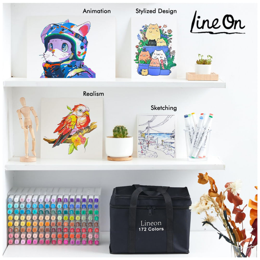 Encontraproduto.com.br - Kit de Canetas Profissionais com Pontas Duplas e Estojo, 172 Peças, Lineon