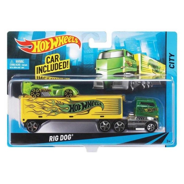 Encontraproduto.com.br - Caminhão Hot Wheels Super Rigs com Carro de Corrida em escala 1:64 e Estilo de Transportador, Mattel.