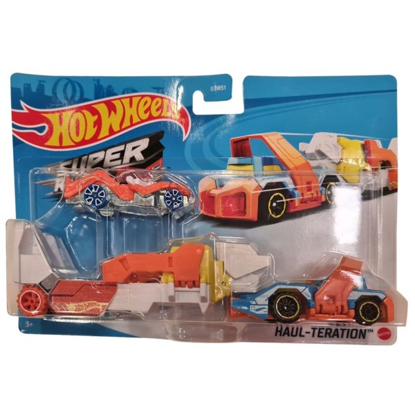 Encontraproduto.com.br - Caminhão Hot Wheels Super Rigs com Carro de Corrida em escala 1:64 e Estilo de Transportador, Mattel.