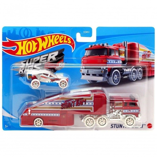 Encontraproduto.com.br - Caminhão Hot Wheels Super Rigs com Carro de Corrida em escala 1:64 e Estilo de Transportador, Mattel.