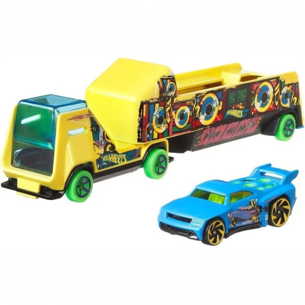 Encontraproduto.com.br - Caminhão Hot Wheels Super Rigs com Carro de Corrida em escala 1:64 e Estilo de Transportador, Mattel.