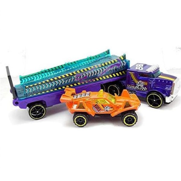 Encontraproduto.com.br - Caminhão Hot Wheels Super Rigs com Carro de Corrida em escala 1:64 e Estilo de Transportador, Mattel.