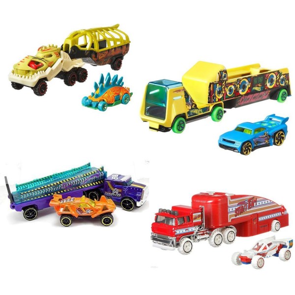 Encontraproduto.com.br - Caminhão Hot Wheels Super Rigs com Carro de Corrida em escala 1:64 e Estilo de Transportador, Mattel.