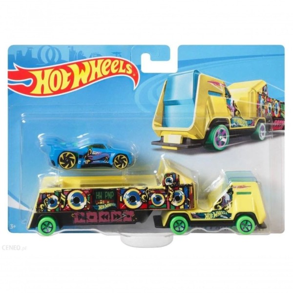 Encontraproduto.com.br - Caminhão Hot Wheels Super Rigs com Carro de Corrida em escala 1:64 e Estilo de Transportador, Mattel.