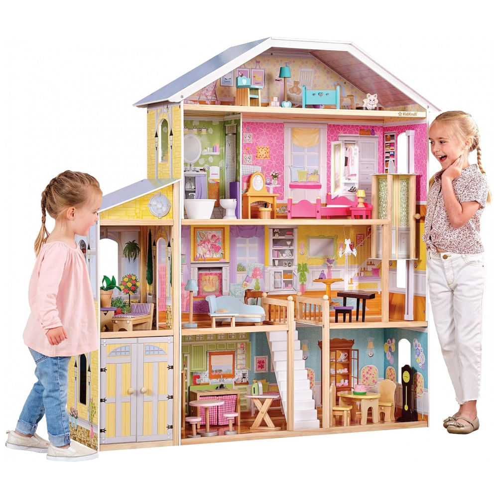 Encontraproduto.com.br - Casa de Bonecas de Madeira com 34 Acessórios para Crianças a partir de 3 anos, KIDKRAFT 65252, Rosa