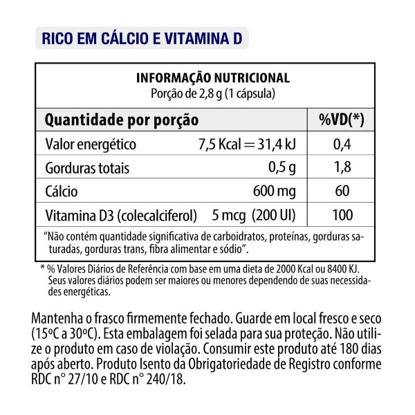 Encontraproduto.com.br - Calcio 600 Mg Com Vitamina D3 Vitgold 100 Cápsulas