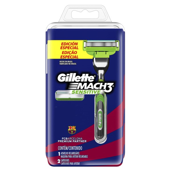 Encontraproduto.com.br - Aparelho de Barbear Gillette Mach3 Sensitive Barcelona + 2 Cargas Edição Especial