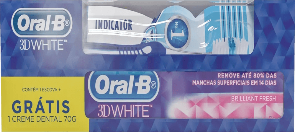 Encontraproduto.com.br - Kit Escova Dental Oral-B Indicator Grátis Creme Dental Oral-B 3D White Brilliant Fresh 70g