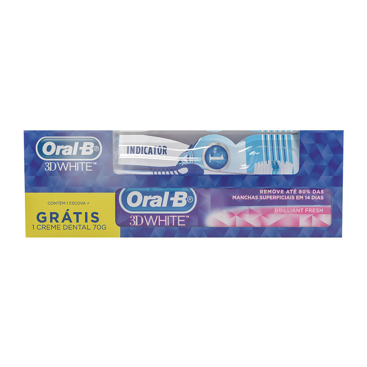 Encontraproduto.com.br - Kit Escova Dental Oral-B Indicator Grátis Creme Dental Oral-B 3D White Brilliant Fresh 70g