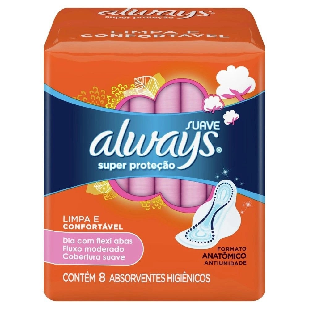 Absorvente Always Dia Super Proteção Cobertura Suave c/ Abas c/ 8 Unid