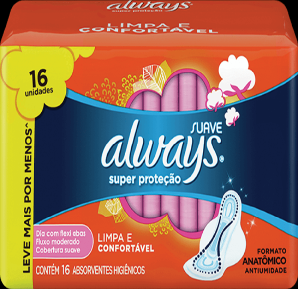 Absorvente com Abas Suave Always Pequeno Pacote 16 Unidades Grátis 2 Absorventes