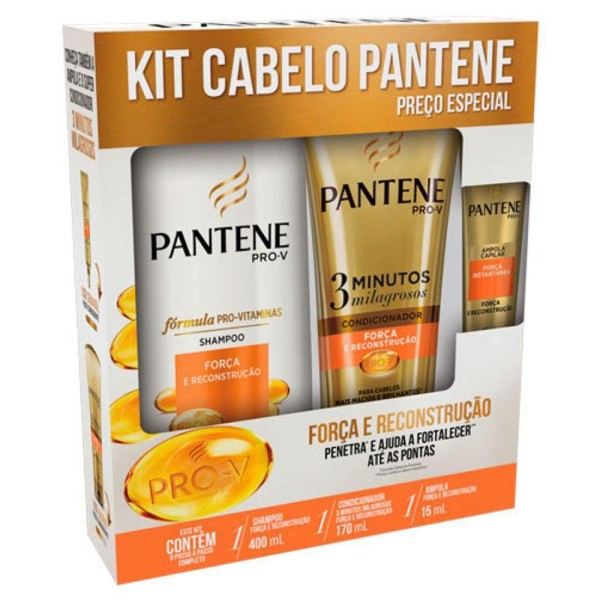 Shampoo Pantene Força e Reconstrução 400ml + Condicionador 3 MM 170ml + Ampola 15ml