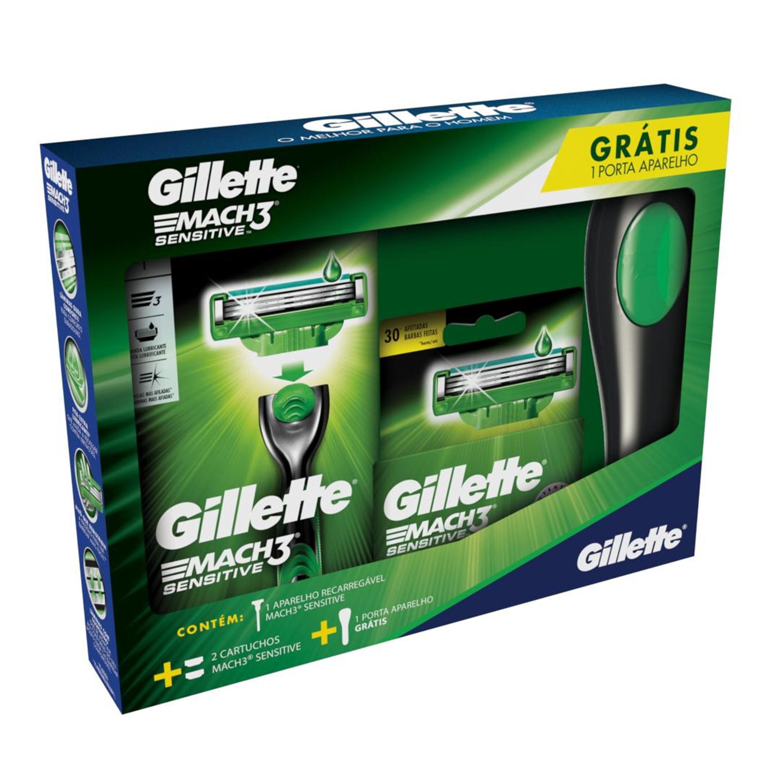 Encontraproduto.com.br - Kit Mach3 Sensitive + Carga C/2 + Porta Aparelho Gts - Gillette Mach3