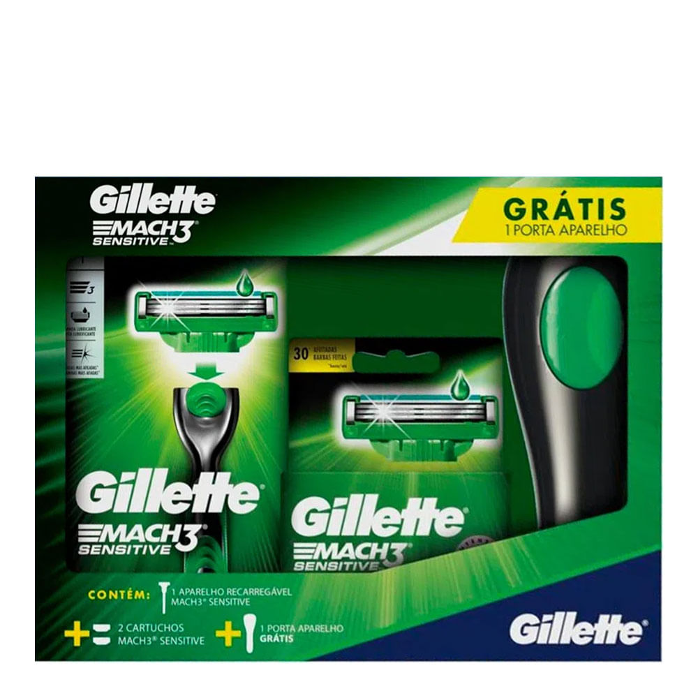 Encontraproduto.com.br - Kit Mach3 Sensitive + Carga C/2 + Porta Aparelho Gts - Gillette Mach3