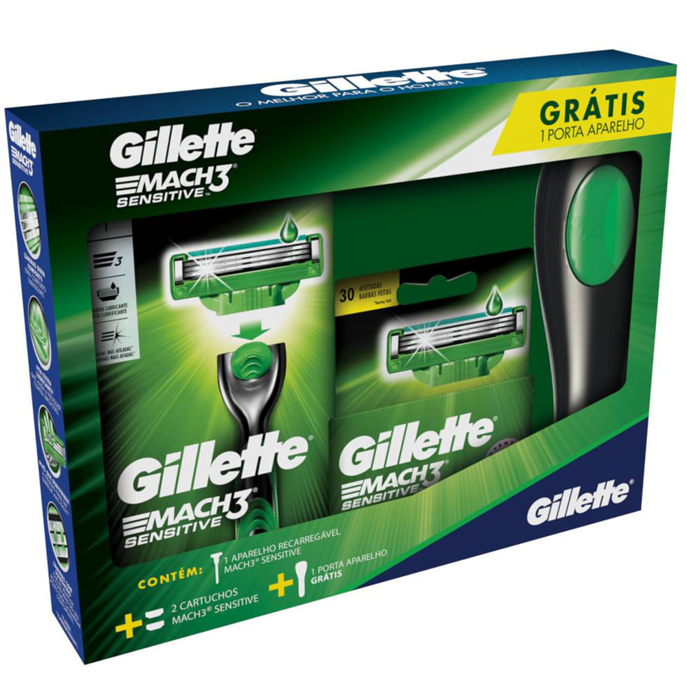 Encontraproduto.com.br - Kit Mach3 Sensitive + Carga C/2 + Porta Aparelho Gts - Gillette Mach3