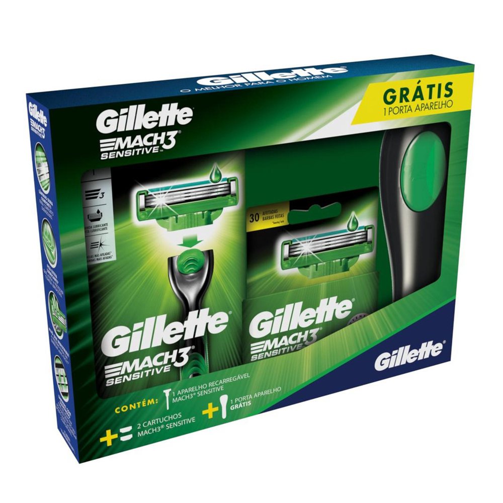Encontraproduto.com.br - Kit Mach3 Sensitive + Carga C/2 + Porta Aparelho Gts - Gillette Mach3
