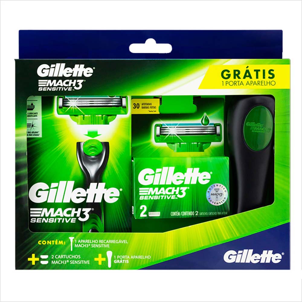 Encontraproduto.com.br - Kit Mach3 Sensitive + Carga C/2 + Porta Aparelho Gts - Gillette Mach3