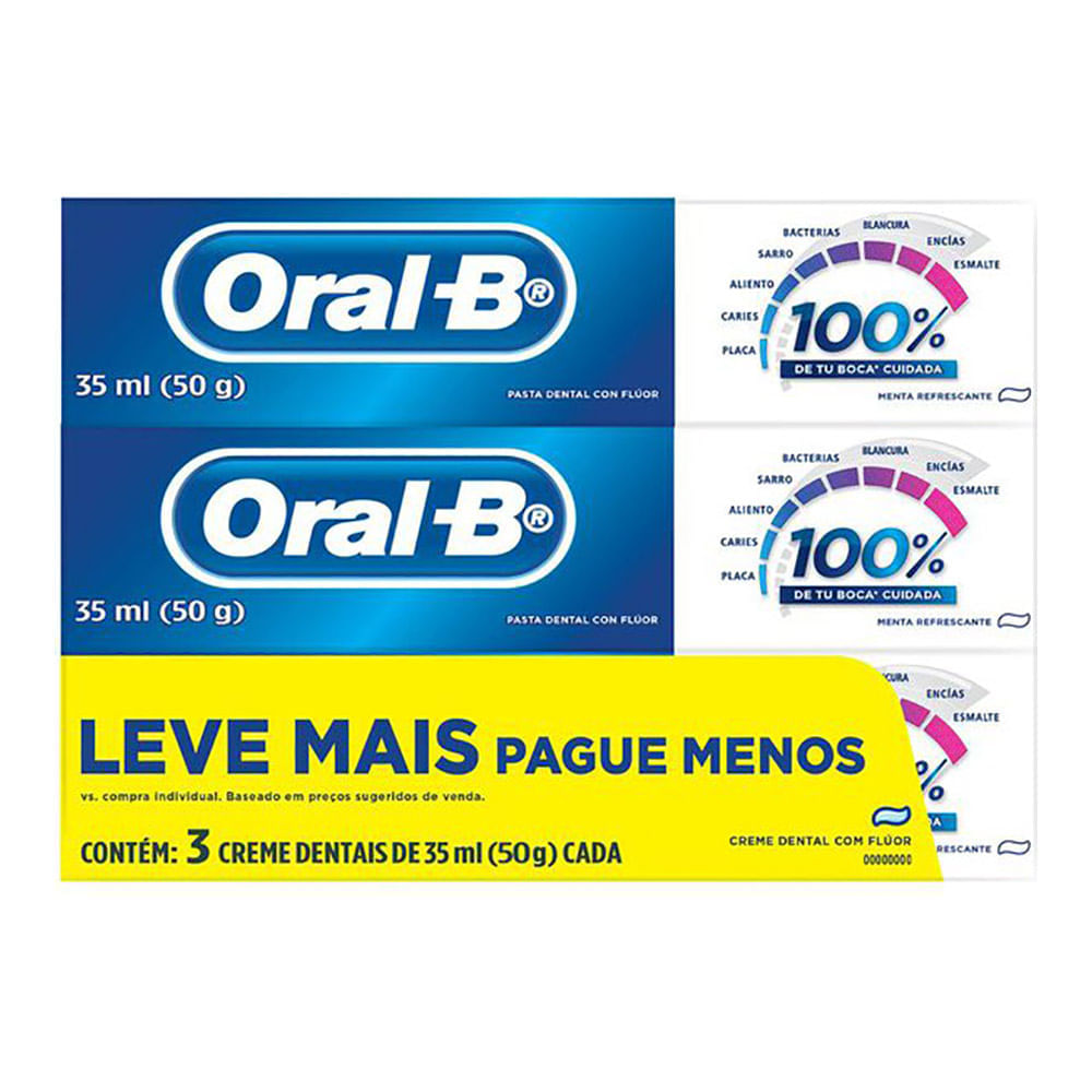 Encontraproduto.com.br - Kit Creme Dental Oral-B 100% Menta Refrescante 50g - 3 Unidades